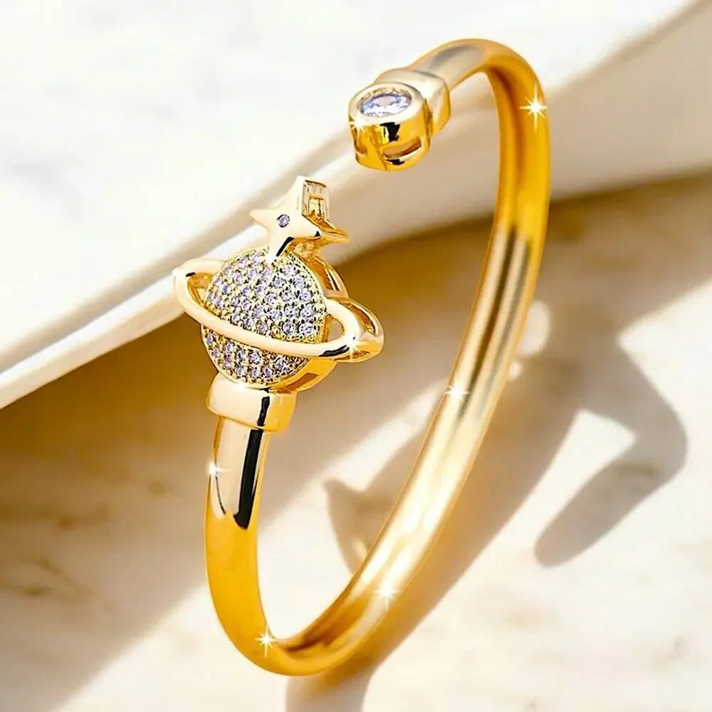 Gold Zircon Planet Bangle Bracelet